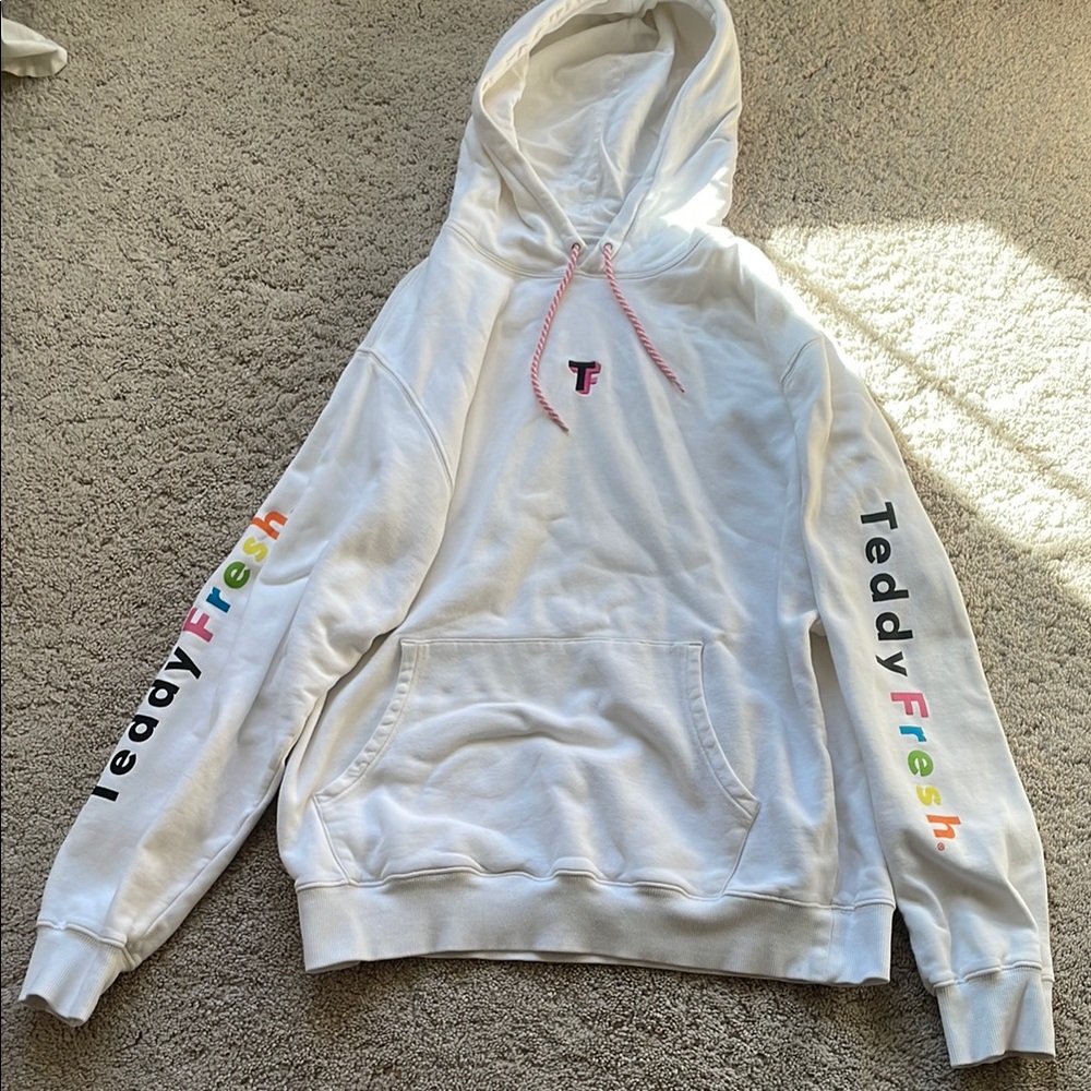 Teddy Fresh White Hoodie with colorful arms 100% cotton